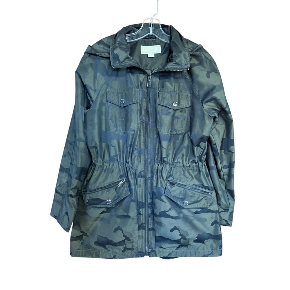 Michael Kors camouflage hooded water-resistant anorak jacket Sz M Olive/Black